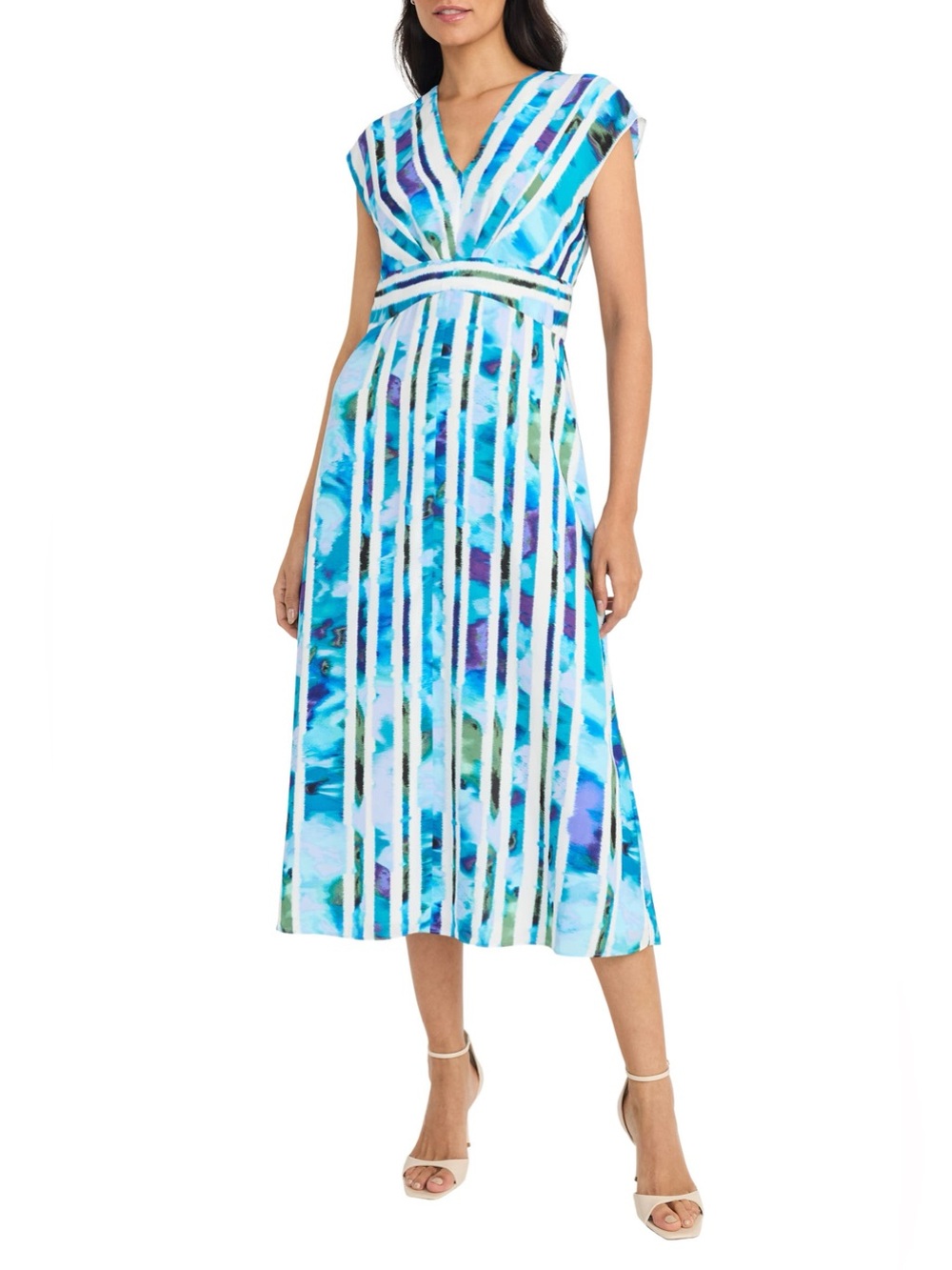 NWOT Maggy London V Neck Cap Sleeveless Watercolor Stripe Midi Maxi Dress Sz 4